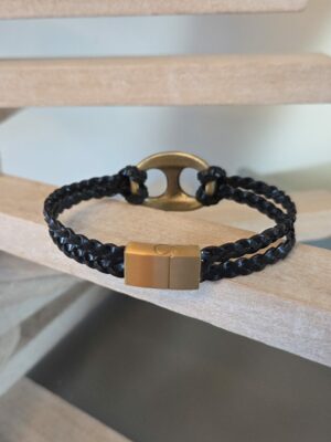 Bracelet homme grain de café et cuir tressé plat noir