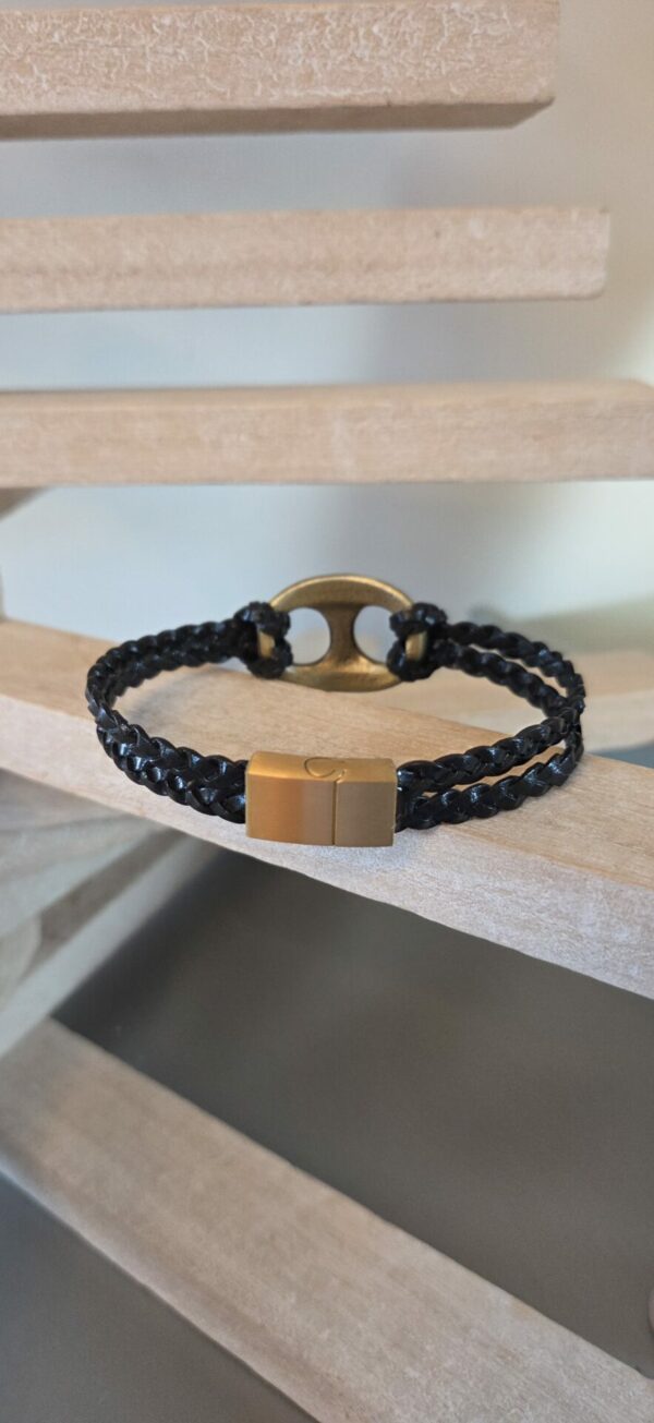 Bracelet homme grain de café et cuir tressé plat noir