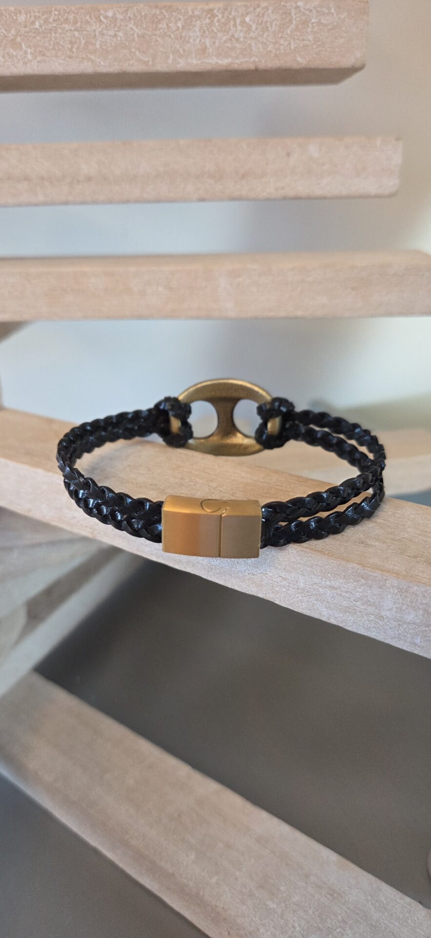 Bracelet homme grain de café et cuir tressé plat noir