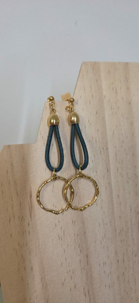 Boucles d'oreille bleu vert et rond doré