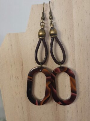 Boucles d'oreille cuir acajou et pendentif en acétate
