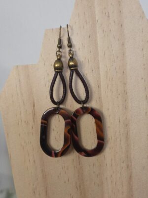 Boucles d'oreille cuir acajou et pendentif en acétate