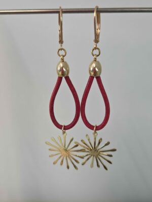 Boucles d'oreilles femme cuir rond 2 rouge et étoile dorée