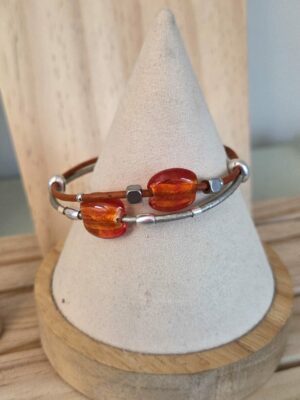 Bracelet femme cuir rond 2mm orange et gris, perles verres orange