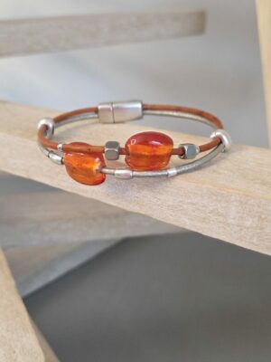Bracelet femme cuir rond 2mm orange et gris, perles verres orange