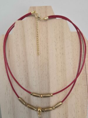 Collier femme cuir rond rouge, tubes et étincelle