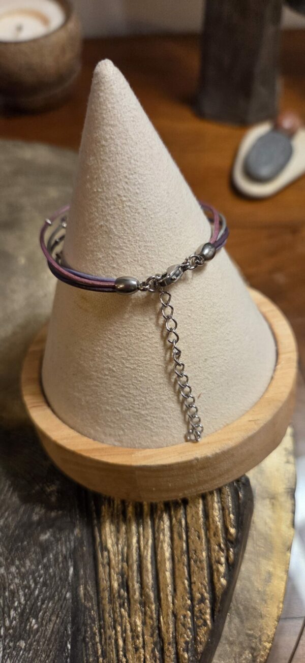 Bracelet femme cuir rond 1mm et peles argentées et rose