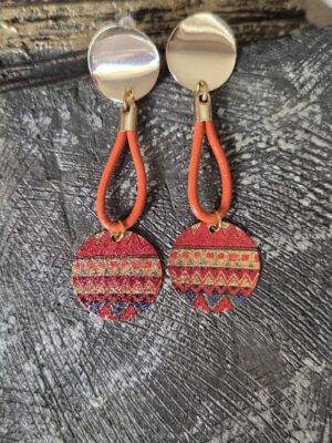 Boucles d'oreille femme cuir rond orange et pastille orangée