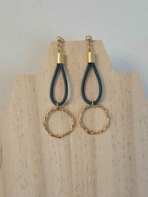 Boucles oreilles femme cuir vert turquoise et cercle dorée