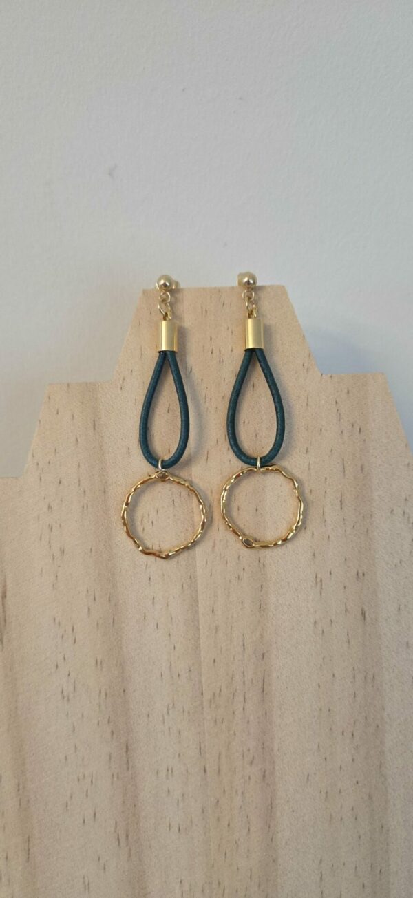 Boucles oreilles femme cuir vert turquoise et cercle dorée