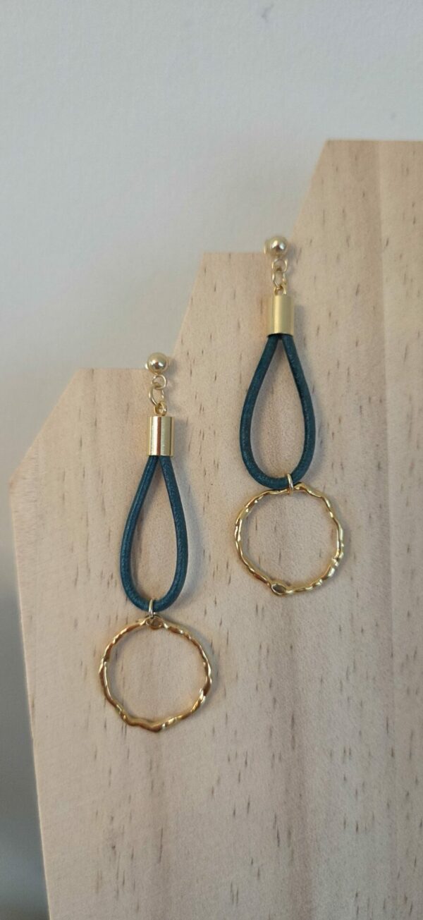 Boucles oreilles femme cuir vert turquoise et cercle dorée