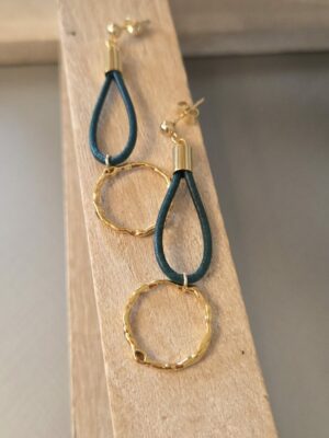 Boucles d’oreilles pendantes – cuir turquoise & anneau doré – Image 2