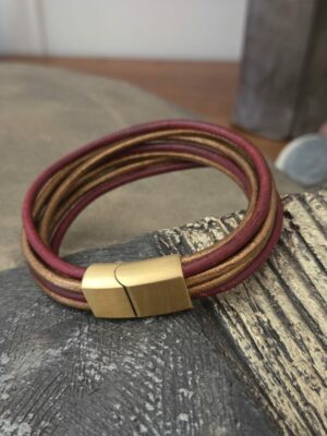 Bracelet femme cuir rond 3mm rouge et bronze