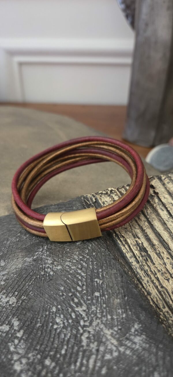 Bracelet femme cuir rond 3mm rouge et bronze