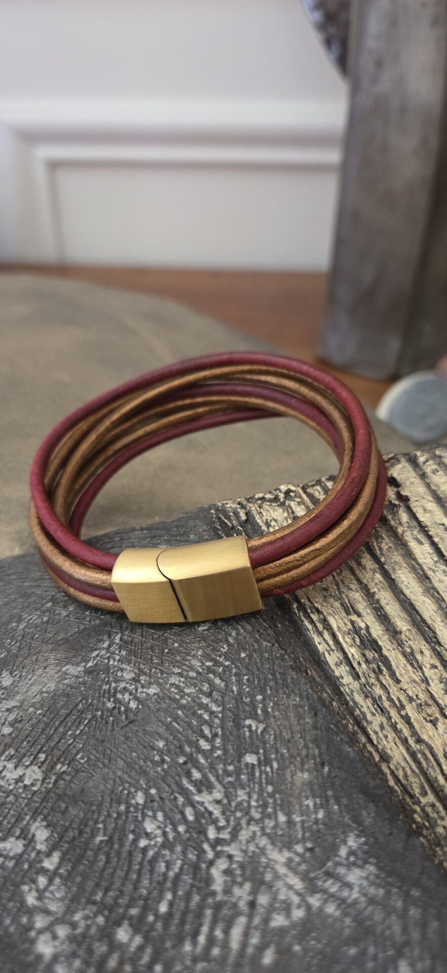 Bracelet femme cuir rond 3mm rouge et bronze