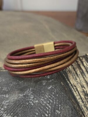 Bracelet femme cuir rond 3mm rouge et bronze