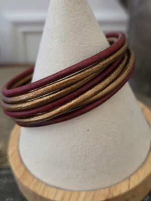 Bracelet femme cuir rond 3mm rouge et bronze