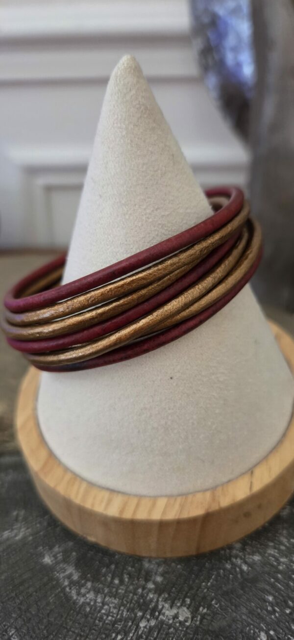 Bracelet femme cuir rond 3mm rouge et bronze