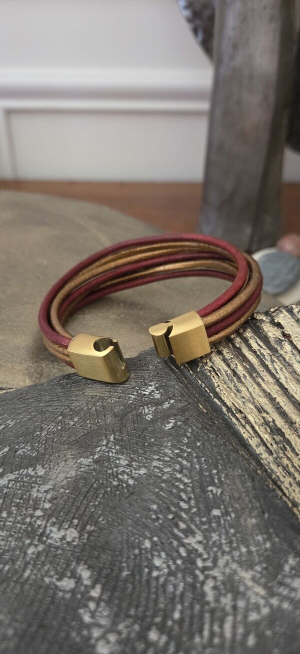 Bracelet femme cuir rond 3mm rouge et bronze