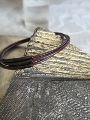 Bracelet homme cuir rond 2 marron acajou et tubes noirs