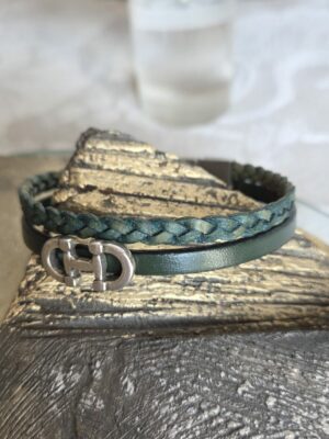 Bracelet hommem cuir vert tressé et plat passant argenté