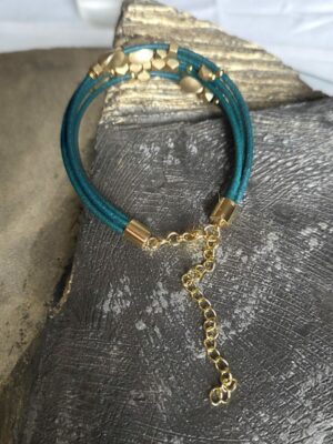 Bracelet cuir rond 2 vert turquoise et perles laiton