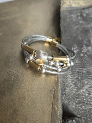 bracelet femme cuir rond gris et ses passants argent et doré