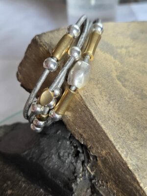 bracelet femme cuir rond gris et ses passants argent et doré