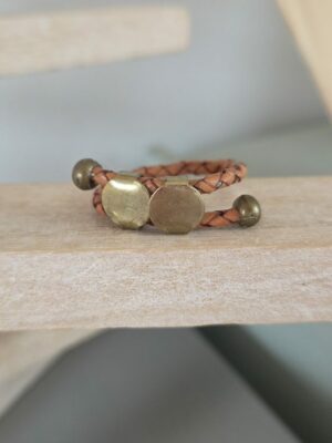 Bague homme cuir rond tressé et passants bronze