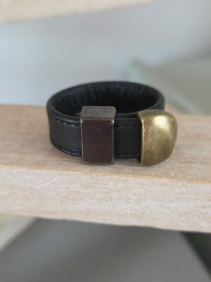 Bague Homme Ajustable — Cuir Noir & Métal Bronze Martelé – Image 1