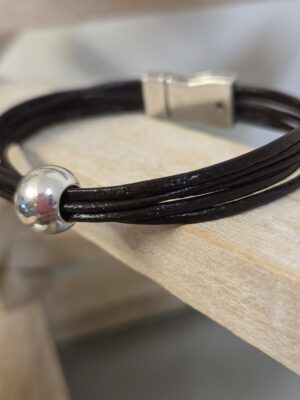 Bracelet homme cuir rpnd marron et perle argenté