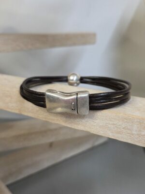Bracelet homme cuir rpnd marron et perle argenté