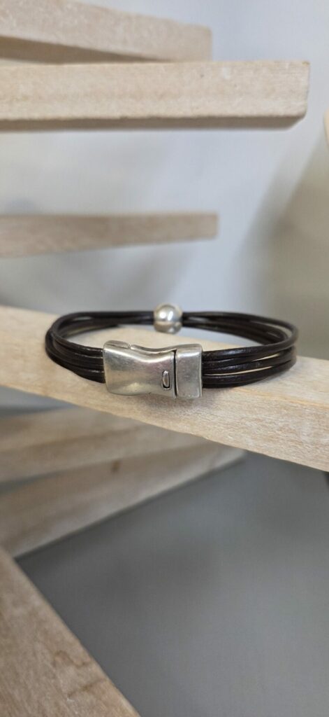 Bracelet homme cuir rpnd marron et perle argenté