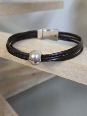 Bracelet homme cuir rpnd marron et perle argenté