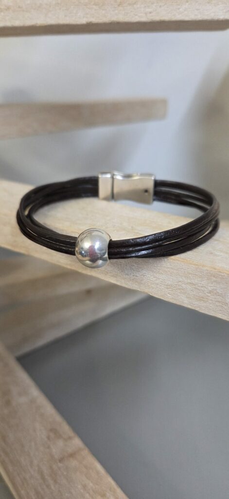 Bracelet homme cuir rpnd marron et perle argenté