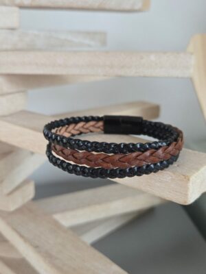 bracelet homme cuir plat tressé camel et noir