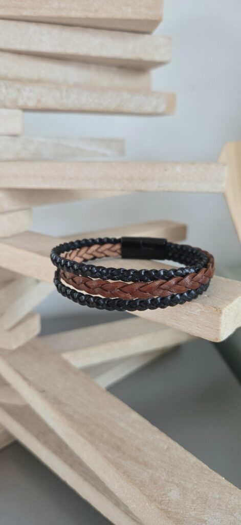 bracelet homme cuir plat tressé camel et noir