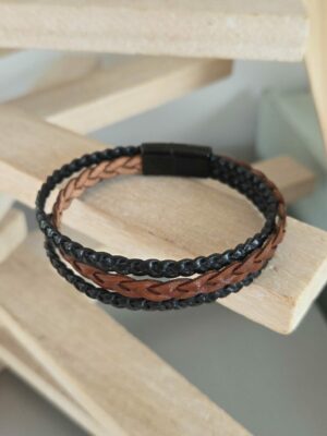 bracelet homme cuir plat tressé camel et noir