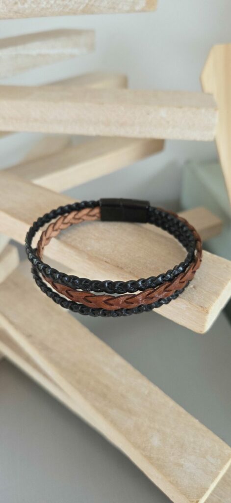 bracelet homme cuir plat tressé camel et noir