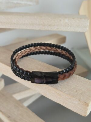 bracelet homme cuir plat tressé camel et noir