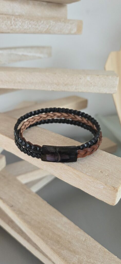 bracelet homme cuir plat tressé camel et noir