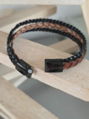 bracelet homme cuir plat tressé camel et noir