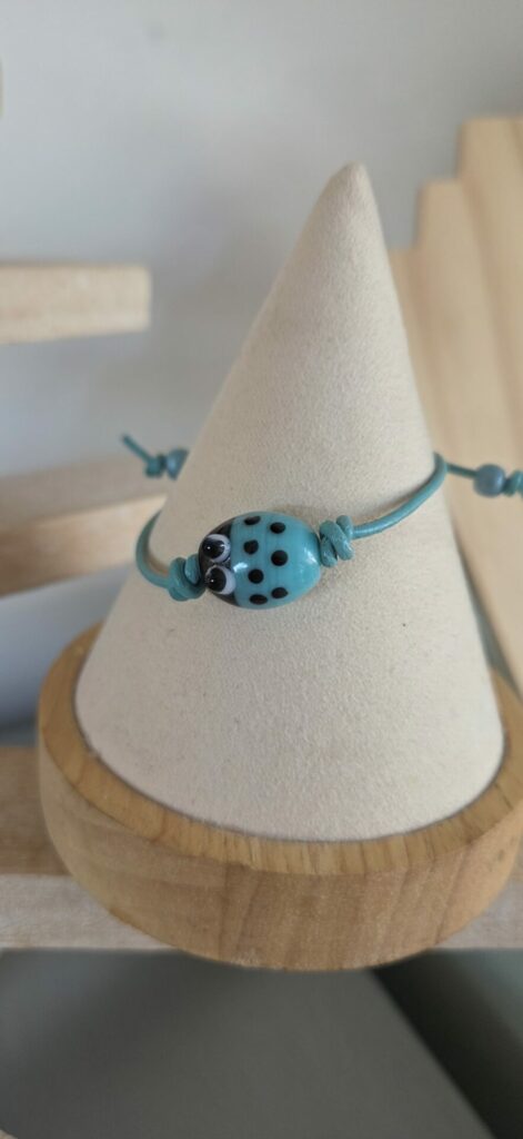 Bracelet enfants coccinelle et cuir rond bleu