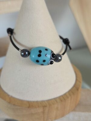Bracelet enfants coccinelle et cuir rond noir