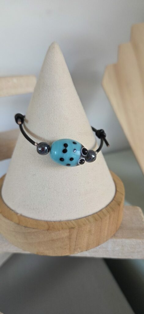 Bracelet enfants coccinelle et cuir rond noir