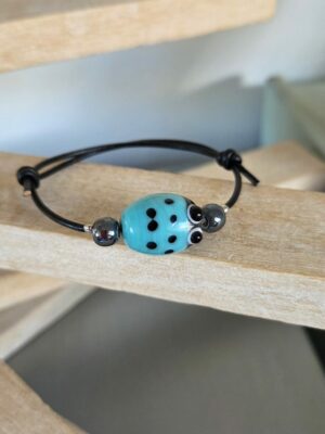 Bracelet enfants coccinelle et cuir rond noir