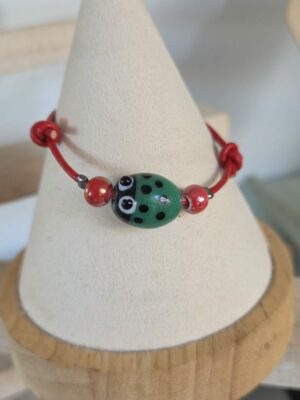 Bracelet enfants coccinelle et cuir rond rouge