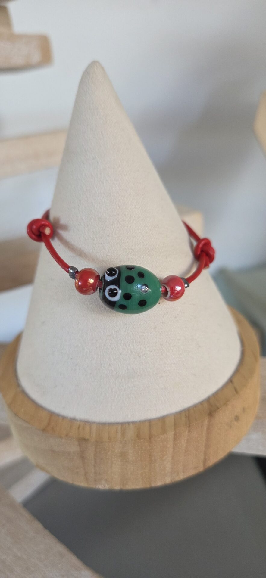 Bracelet enfants coccinelle et cuir rond rouge