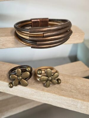 Bracelet femme cuir rond tons marrons et tubes cuivre