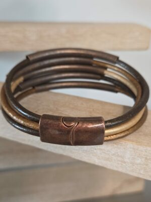 Bracelet femme cuir rond tons marrons et tubes cuivre